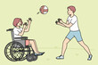 Happy boy playing ball with handicapped girl sitting in wheel chair. Smiling children have fun outdoors. Disability and impairment. Vector illustration. 