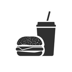 Fototapete - Fast food black icon vector silhouette or fastfood burger and soda soft drink beverage pictogram graphic shape illustration isolated cut out on white clipart sign, lunch simple cartoon image
