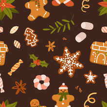 Christmas Cookies Pattern. Seamless Background With Gingerbread Man, Ginger Biscuits, Candies, Xmas Sweets, Spices. Winter Holiday Bakery And Treats, Repeating Print. Colored Flat Vector Illustration