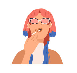 Poster - Young modern woman smoking. Trendy girl with dyed hair, colored hairstyle, in funky sunglasses. Fashion female character portrait, avatar. Flat vector illustration isolated on white background