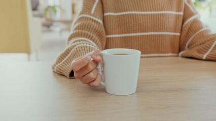 Fototapete - Hands, tea or coffee at laptop with woman on the internet working on research, report or studying. Home office, online and remote work employee holding warm drink on surface of work desk.