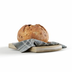 Poster - 3D illustration of fresh bread on the wooden board covered with a towel isolated on white background