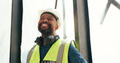 Poster - Construction worker, engineer or black man thinking, vision and idea for building schedule, design or strategy with smile. Industrial property developer smile, happy or pride mindset for career goal