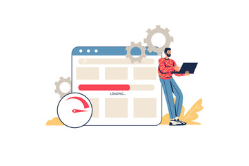 Optimize website web concept. Man designer setting up and testing site. Programmer writes code and manages page in browser, minimal people scene. Illustration in flat design for website