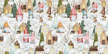 Christmas Seamless Pattern With Cute Gnomes, Snow, Trees, Scandinavian Houses. Decorative Background. Hand Painted Illustrations. Country Life. Holiday Design For Cards, Wallpaper, Scrapbooking