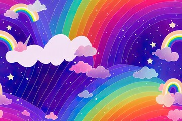 Canvas Print - Seamless pattern of cute little magical unicorn, rainbow, clouds and butterfly. Colorful illustration for children wallpaper textile and gift paper.