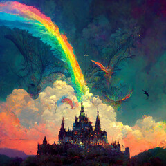 Poster - landscape with rainbow