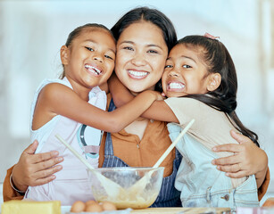 Sticker - Family, children and baking with a girl, mother and sister learning about cooking in the kitchen of their home together. Food, egg and kids with a woman and daughter siblings making baked goods