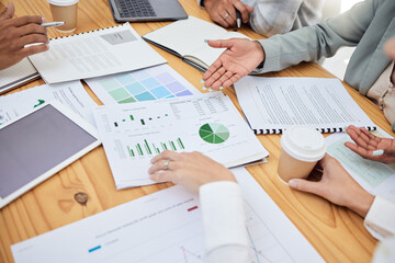 Aufkleber - Documents, paper and chart for meeting, team and planning for finance, budget or market in office. Graph, corporate and strategy with research, group or collaboration for business, stock or teamwork