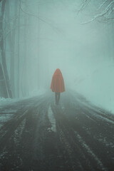 Wall Mural - Figure with red cloak on a misty winter road