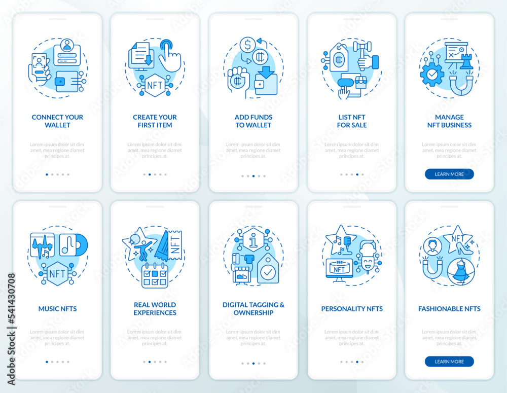 NFTs minting and trends blue onboarding mobile app screen set ...