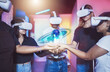 Vr headset, planet hologram and group of people connect hands with 3d ai virtual world, global or galaxy. Metaverse, planets and digital futuristic technology or gamer group in hyper virtual reality