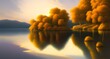 Peaceful calm lake view against sunset sky. Relaxing nature scene. Soothing landscape. Digital painting illustration.