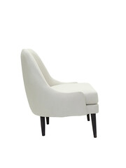 fabric armchair in modern style with wooden legs on white background, side view