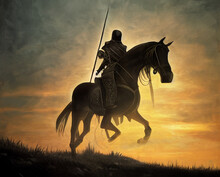 A Knight On A Horse. Silhouette Of An Armed Horseman.