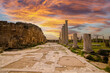 Cyprus, Ruins from the ancient city of Salamis, Famagusta. Salamis columns. Salamis ruins at sunset