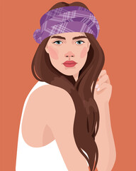 Wall Mural - Portrait of a beautiful  woman.  girl with a scarf tied on her head like a turban . Avatar for social media. Diversity. Bright  illustration in flat style.