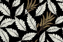 Vintage Woodland Nature Seamless Pattern. Amanita Mushroom, Fern, Forest Plants Witchcraft Wallpaper. Botanical Texture On Black Background.