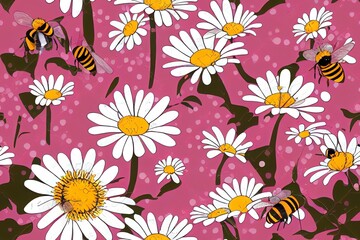 Sticker - Seamless pattern with daisy garden and bee cartoons on pink background. Bee cartoons and hearts 2d illustrated illustration.