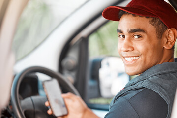 Poster - Driver man of delivery car, logistics and shipping worker working on transport stock, cargo and ecommerce industry. Happy courier employee with package transportation and distribution service in van