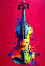 Digital Illustration Of A Violin With Paint Splatter, Colorful Oil Paint Splash, Grunge Style, Dirty Background, Vibrant Colors