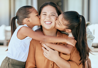 love, mother and girls kiss, hug and happy together with smile and bonding. portrait, mama and child