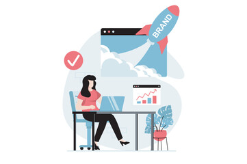 Poster - branding team concept with people scene in flat design. woman analyzing data, creating strategy and 