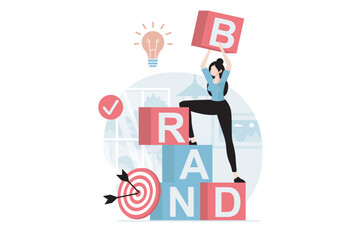 Poster - branding team concept with people scene in flat design. woman generates new ideas, creating strategy