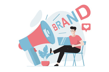 Poster - Branding team concept with people scene in flat design. Man promoting new brand and makes advertising campaign, using digital marketing tools. Vector illustration with character situation for web