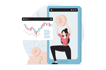 Poster - Cryptocurrency marketplace concept with people scene in flat design. Woman analyzing data on exchange, buys or sells bitcoins using mobile app. Vector illustration with character situation for web