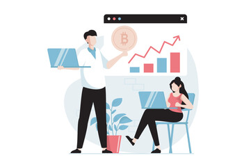 Poster - Cryptocurrency marketplace concept with people scene in flat design. Woman and woman analyzing data and crypto market trends and buying bitcoins. Vector illustration with character situation for web