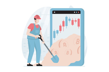 Poster - Cryptocurrency mining concept with people scene in flat design. Man miner with shovel mines bitcoin coins and studies market data in application. Vector illustration with character situation for web
