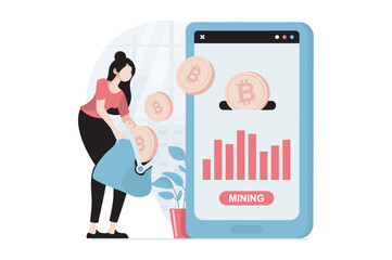 Poster - Cryptocurrency mining concept with people scene in flat design. Woman mines bitcoins for sale on marketplaces using digital wallet in mobile app. Vector illustration with character situation for web