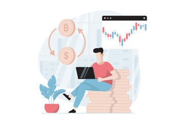 Poster - Cryptocurrency mining concept with people scene in flat design. Man sells bitcoins on crypto exchange and receives money for financial account. Vector illustration with character situation for web