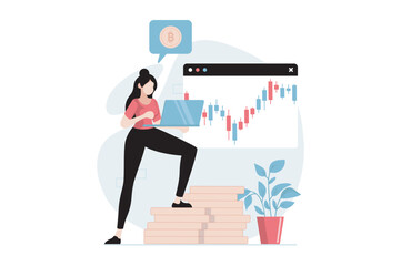 Poster - Cryptocurrency mining concept with people scene in flat design. Woman sells bitcoins on virtual exchange and analyzing crypto market trends. Vector illustration with character situation for web