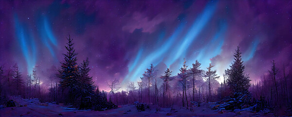 Fantasy winter landscape with northern light as christmas wallpaper background