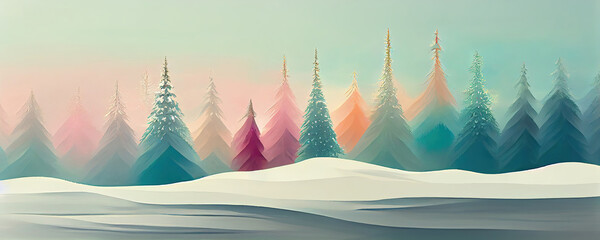 Soft pastel color winter landscape with snow and pine woods as christmas wallpaper