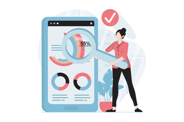 Aufkleber - Data analysis concept with people scene in flat design. Woman with magnifier studying data at diagrams and creates report using mobile application. Vector illustration with character situation for web