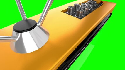 Wall Mural - Vintage yellow TV receiver with green screen isolated on green background - 3D 4k animation (3840x2160 px).