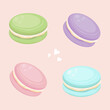 Green and pink macaroons. Romantic cookie postcard. French sweet macaron. Almond candy dessert poster. Bakery valentine biscuits. Pastel confectionery snack. Strawberry and mint macaroons.