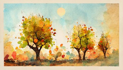 Poster - autumn apple trees illustration, colorfull, watercolor