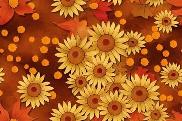 Canvas Print - Fall seamless pattern with sunflowers on orange background, Autumn pattern with daisy, maple leaves, foliage, wrapping paper, pattern fills, Thanksgiving, web page background.