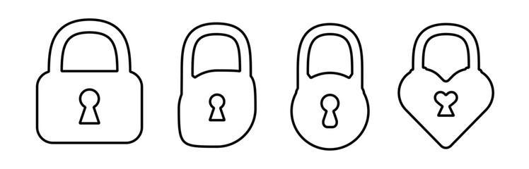 Wall Mural - Outline lock set isolated on white background. Padlock icon collection to use in design projects for IT, cyberspace, internet security, privacy, webdesign. Rectangle, round, heart shaped lock set