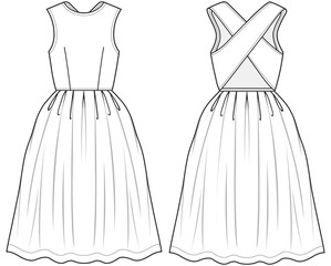 Canvas Print - skater dress with cross back front and back view fashion flat sketch vector illustration technical cad drawing template.