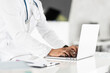 © Panorama - close up of a doctor typing on a laptop computer