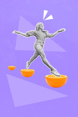 Wall Mural - Vertical collage picture of excited cheerful girl black white gamma jump between half orange isolated on purple creative background