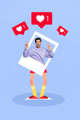 Aufkleber - Vertical collage image of crazy funky guy show v-sign inside paper album set card drawing legs like notifications