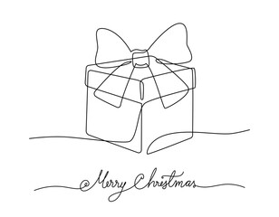 Continuous line drawing gift box and greeting merry christmas handwriting, Concept of Christmas. Holiday, New year.
 Design illustration on white background.