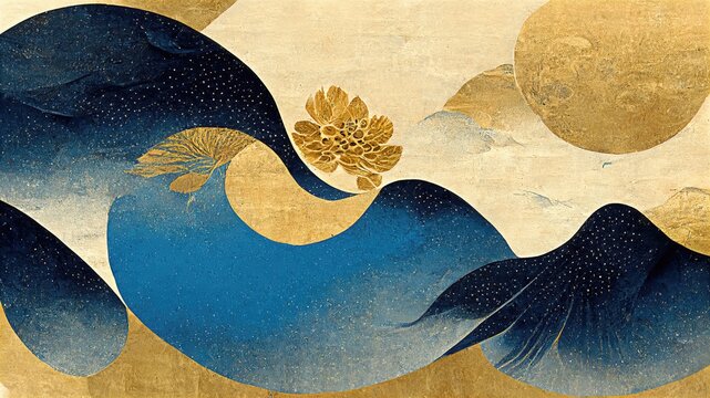 Wall Mural -  - Japanese textures like gold, blue and black wavy shapes Japanese traditional graphics, contemporary art style, fine detail, fluid liquid-like striking elegant, delicate, luxurious and dramatic design 