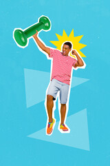 Poster - Vertical collage portrait of sporty excited guy hand hold huge dumbbell isolated on blue background